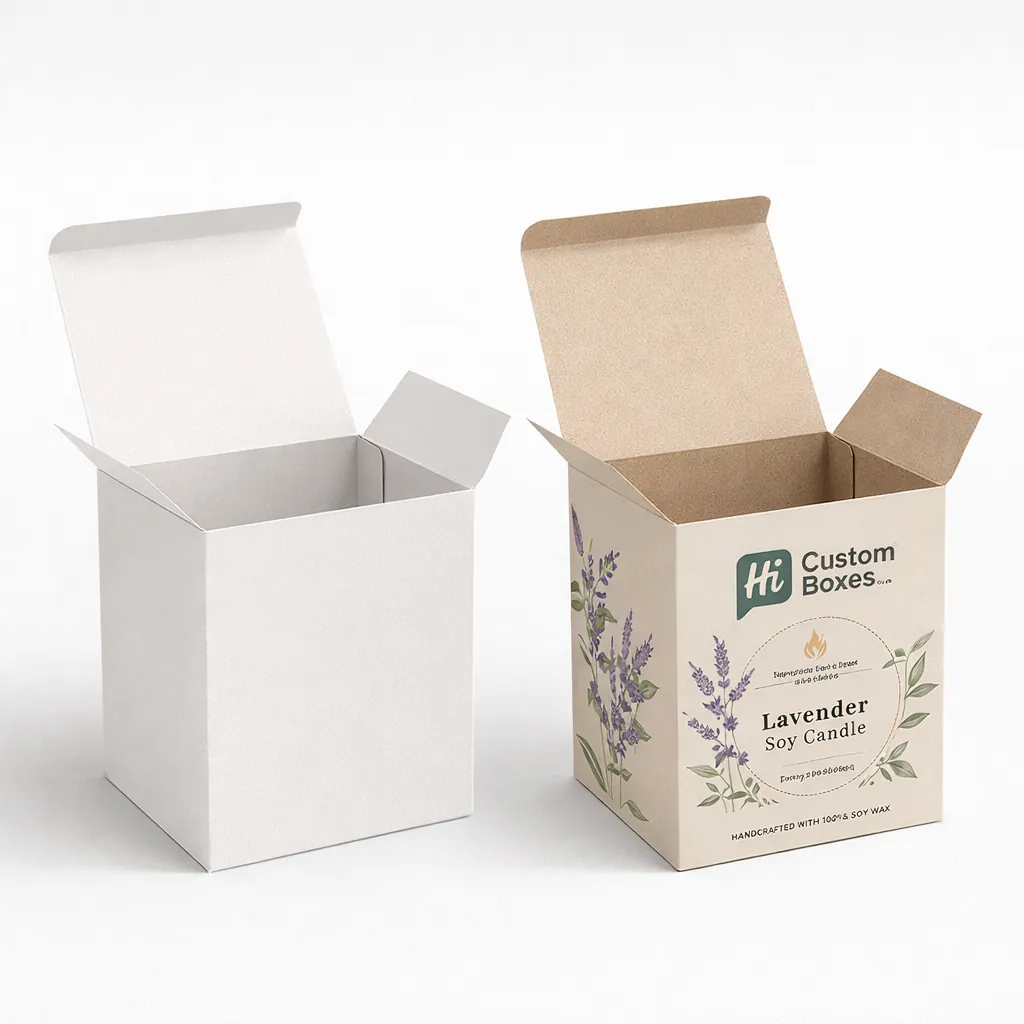 Square soy candle boxes in a minimalist plain kraft and a decorative floral branded style.